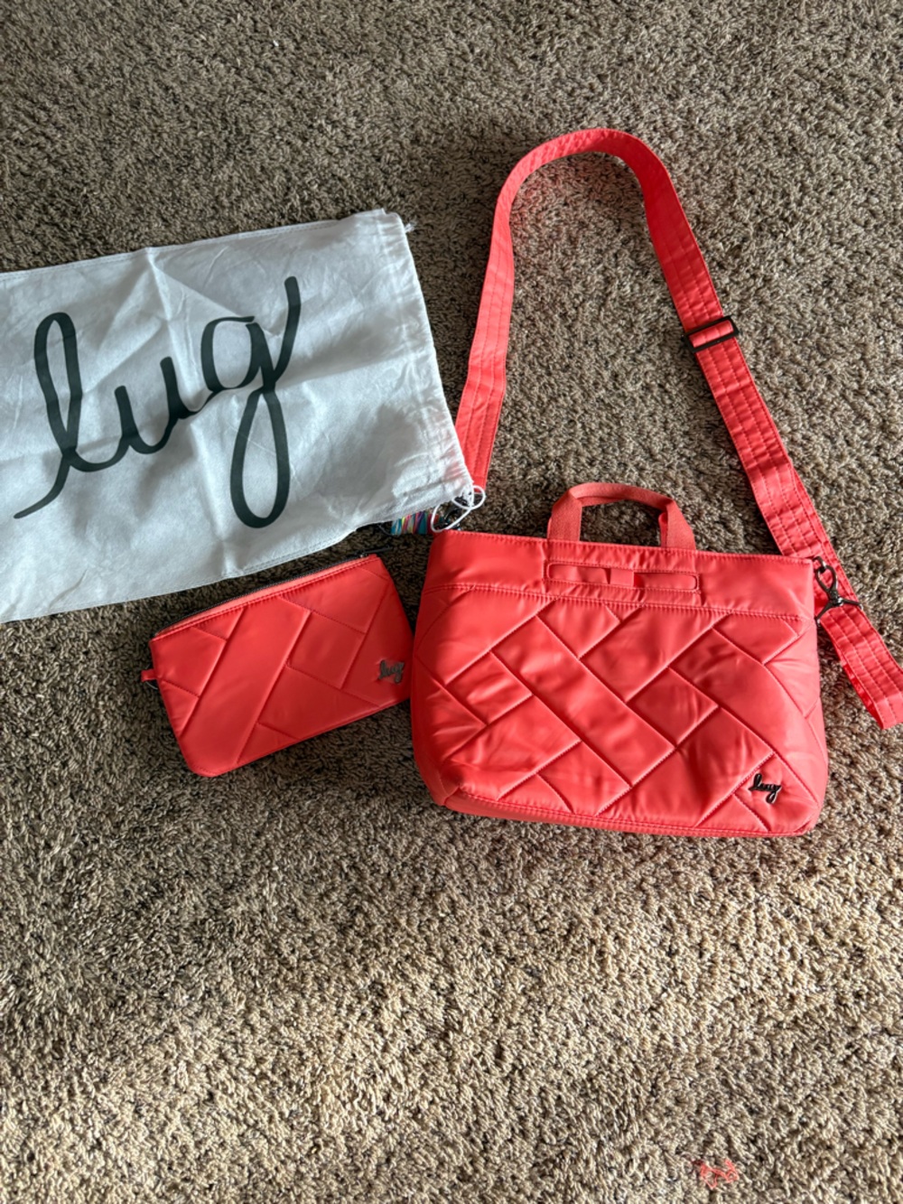 lug coral Quilted Crossbody Shoulder Bag with Matching Wallet and dust case.